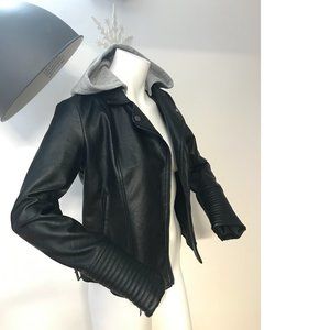 Ardene Black Moto Jacket Biker Style Detachable Knit Hood Vegan Leather